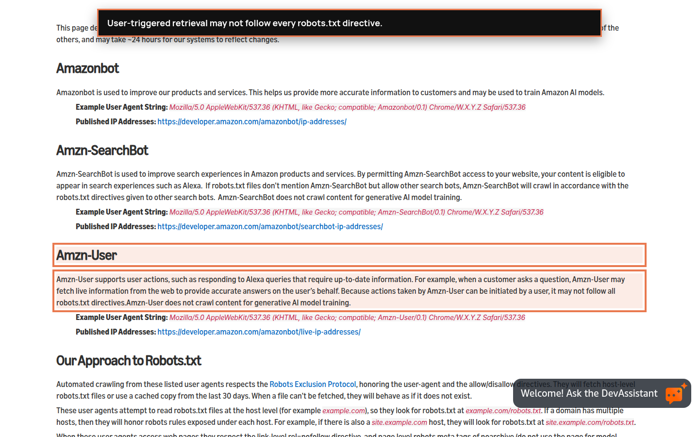 Annotated Amazon documentation explaining that Amzn-User may not follow every robots.txt directive
