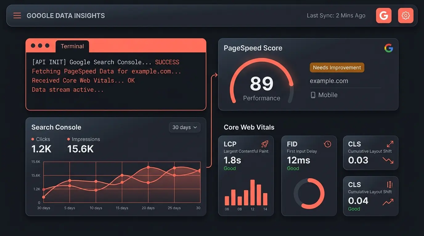Free SEO reports with Google APIs dashboard showing PageSpeed and Core Web Vitals metrics