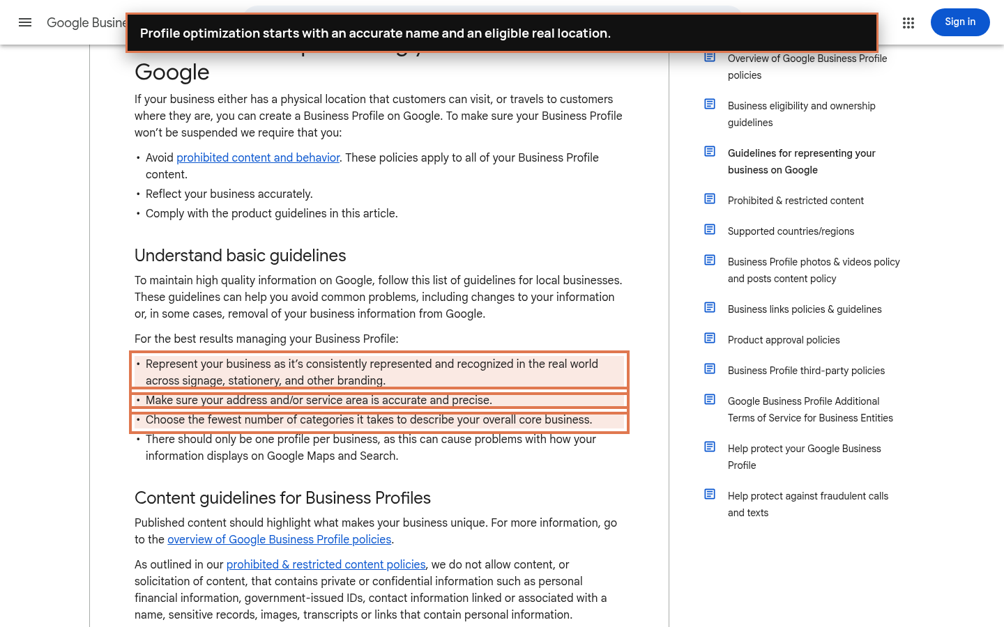 Annotated Google Business Profile guidance calling for a real-world business identity, accurate address or service area, and a small set of core categories