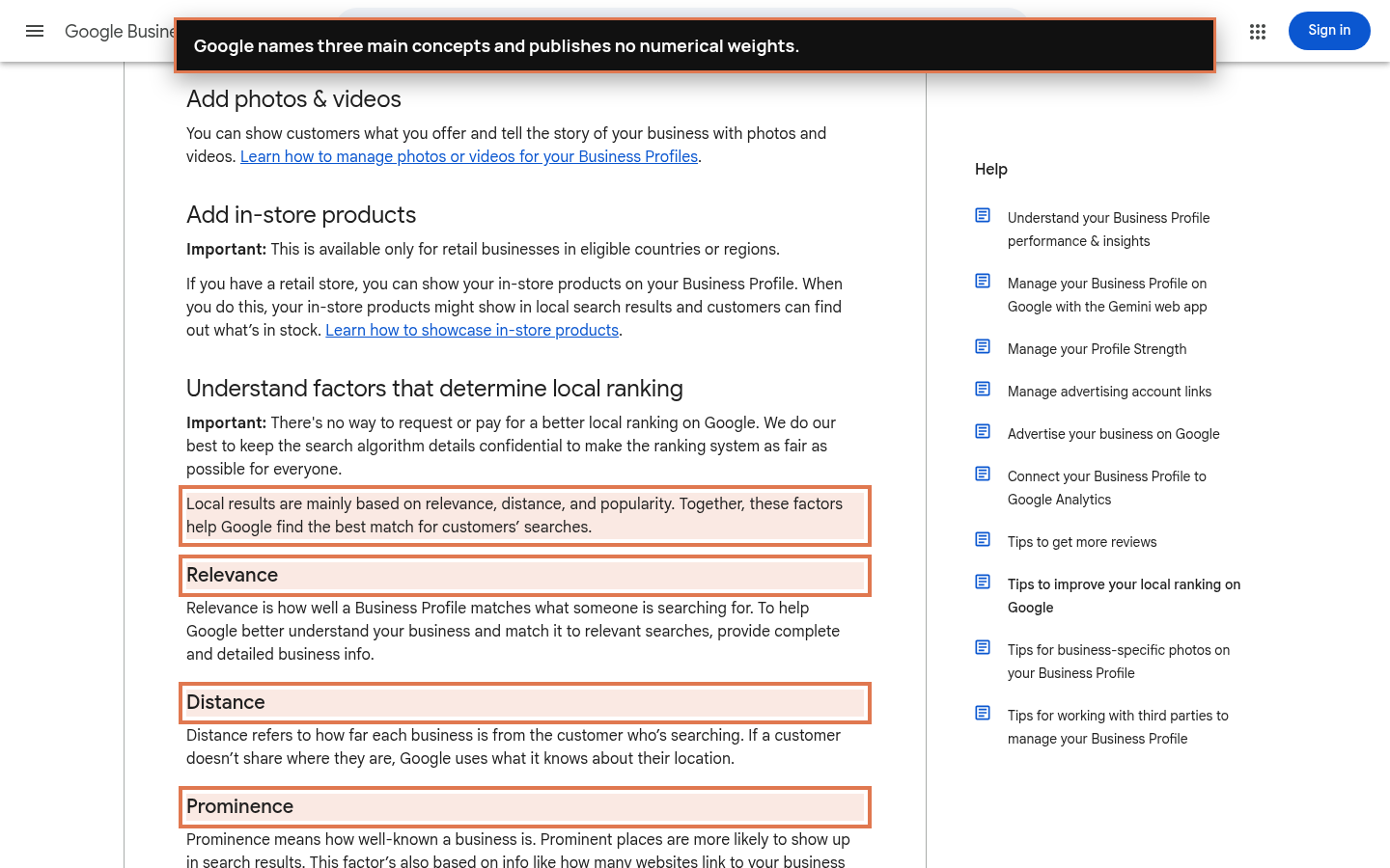 Annotated Google documentation naming relevance, distance, and prominence as the main local ranking concepts