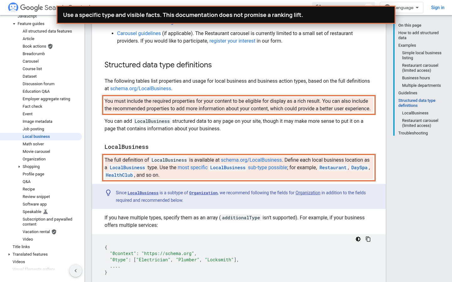 Annotated Google LocalBusiness structured data documentation showing visible business properties and validation requirements