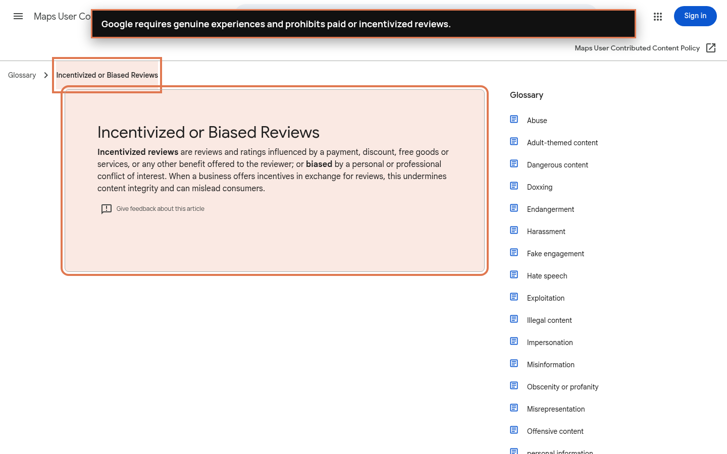 Annotated Google Maps policy defining incentivized or biased reviews
