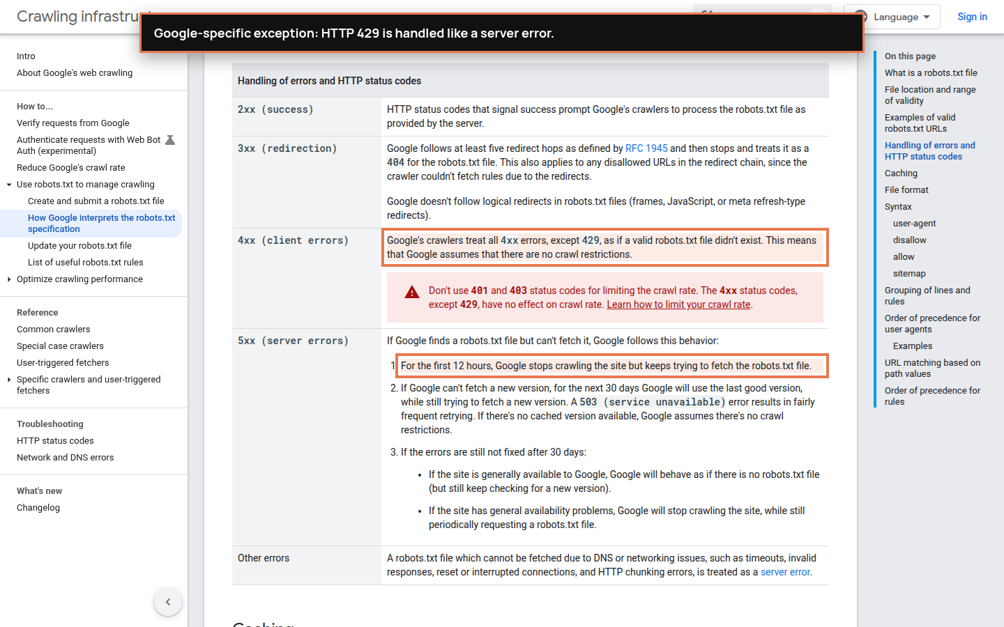 Annotated Google documentation showing its HTTP 429 exception and initial 12-hour crawl stop