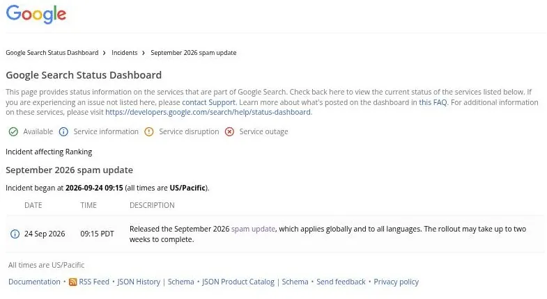 Google Search Status Dashboard entry for the September 2026 spam update