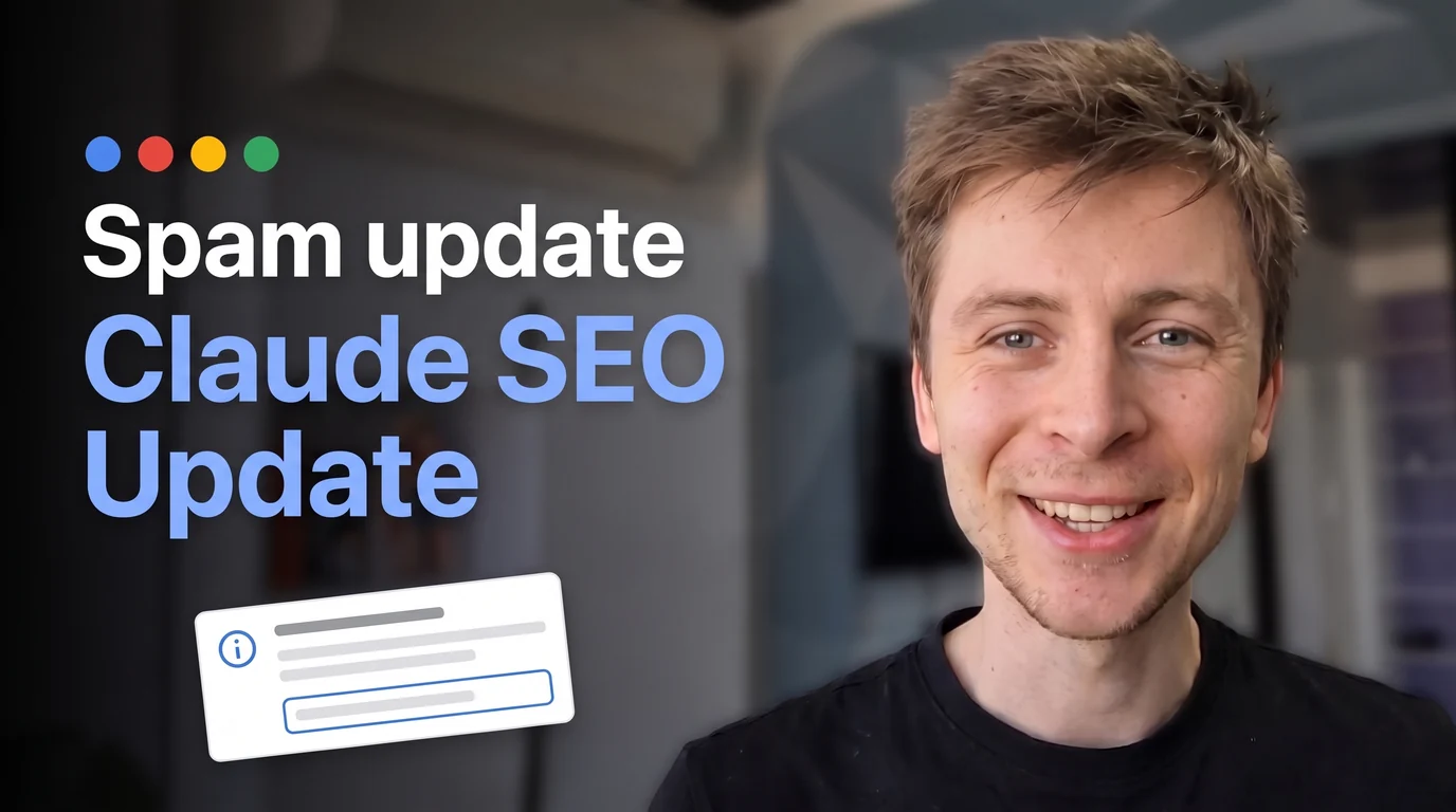 Daniel Agrici next to the title Spam update, Claude SEO Update, with Google's four colored dots and a Search Status Dashboard style notice