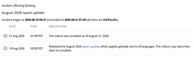 Search Status Dashboard entry: August 2026 spam update