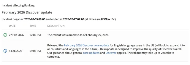 Search Status Dashboard entry: February 2026 Discover update