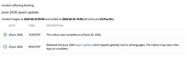 Search Status Dashboard entry: June 2026 spam update