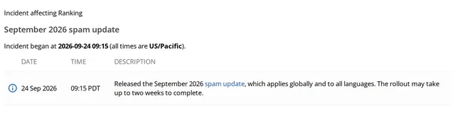 Search Status Dashboard entry: September 2026 spam update