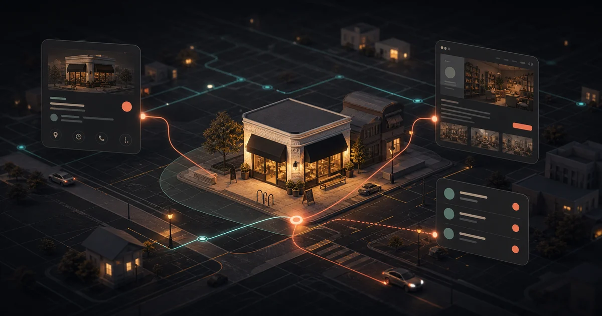 An isometric local storefront connected to accurate business profiles, a website, and customer trust signals across a neighborhood map