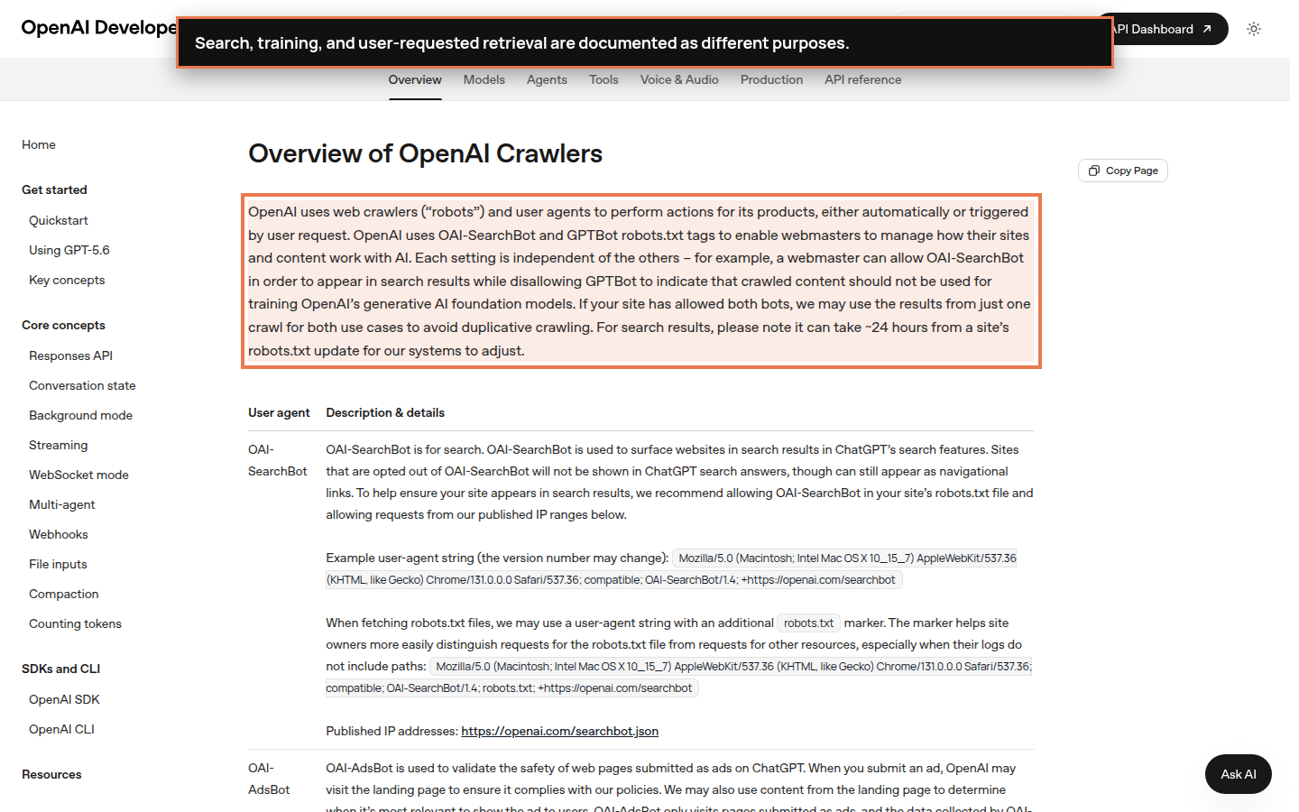 Annotated OpenAI crawler documentation distinguishing search, training, and user-requested purposes