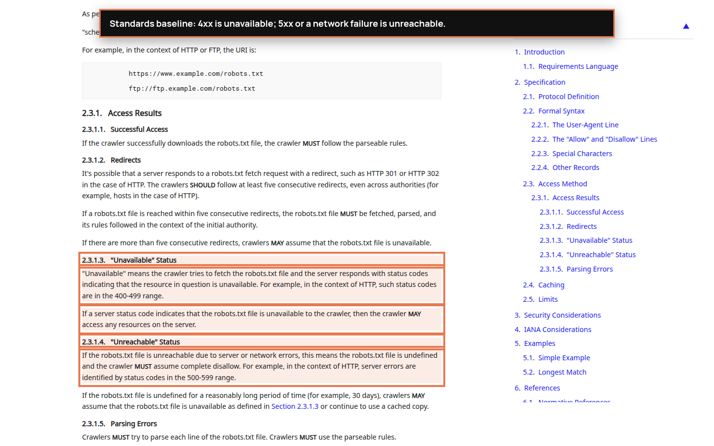 Annotated RFC 9309 excerpt highlighting unavailable 4xx responses and unreachable 5xx or network failures