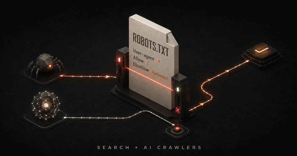 An isometric robots.txt document routing three types of crawler requests through a dark technical network