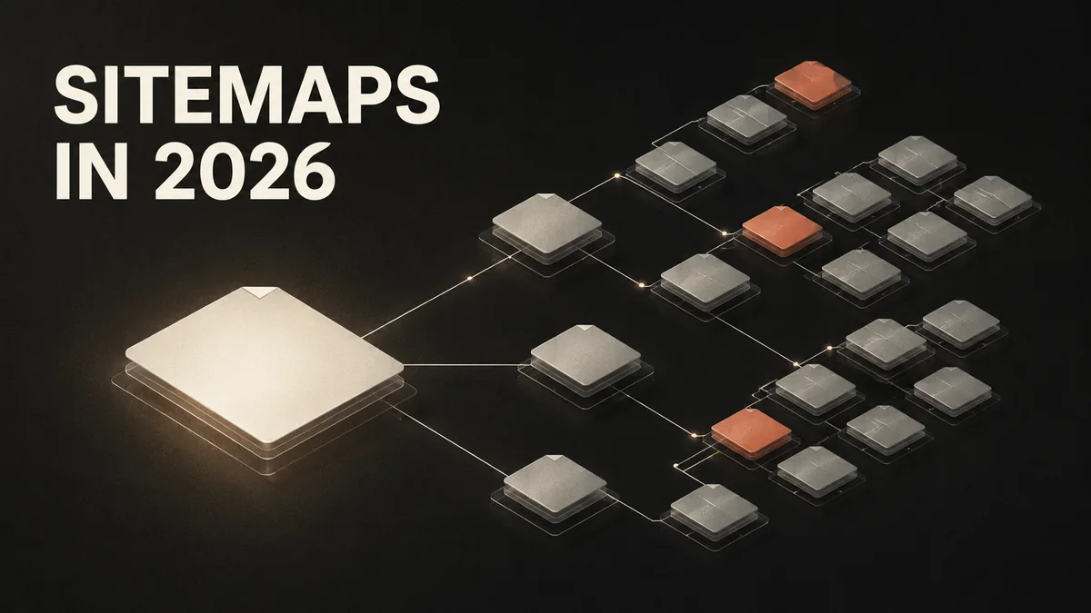Cover image titled "Sitemaps in 2026": an isometric diagram of a sitemap index, with one bright root document branching into child sitemap files and grids of URL nodes, coral nodes marking recently modified pages.