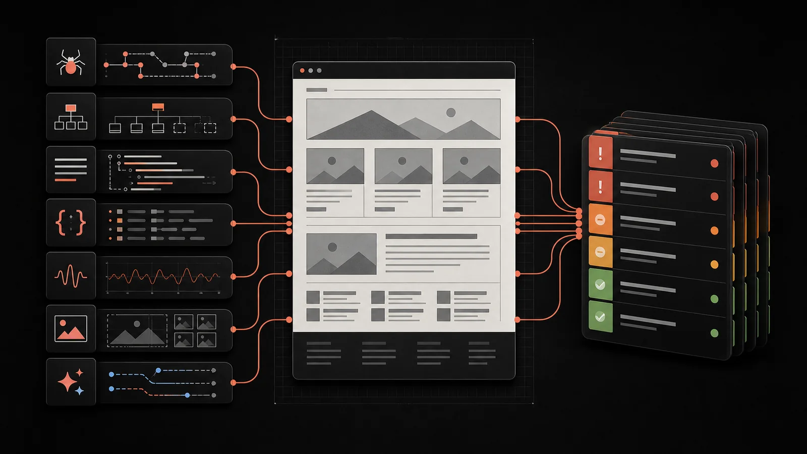 A website passes through crawl, content, schema, performance, image, and AI-search checks into a prioritized audit report