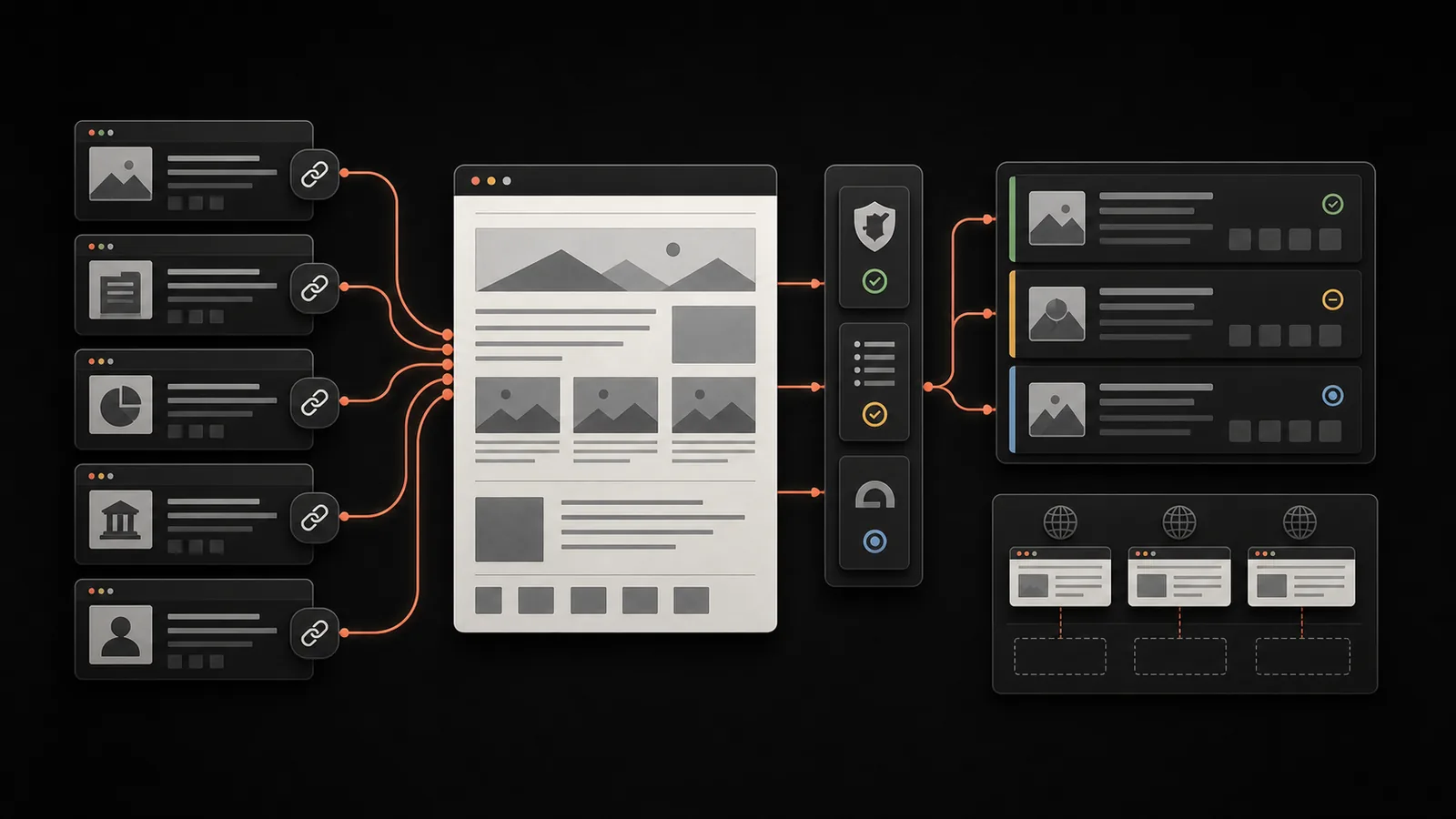 Backlink sources flow into verified link signals, risk review, and ranked opportunities