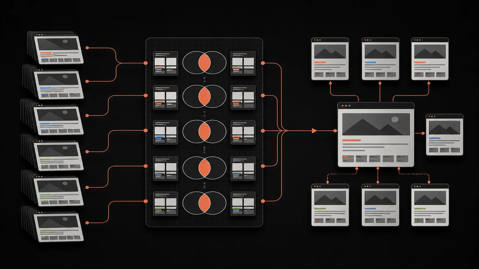 Seed topics expand into overlapping search groups and an editable content cluster map