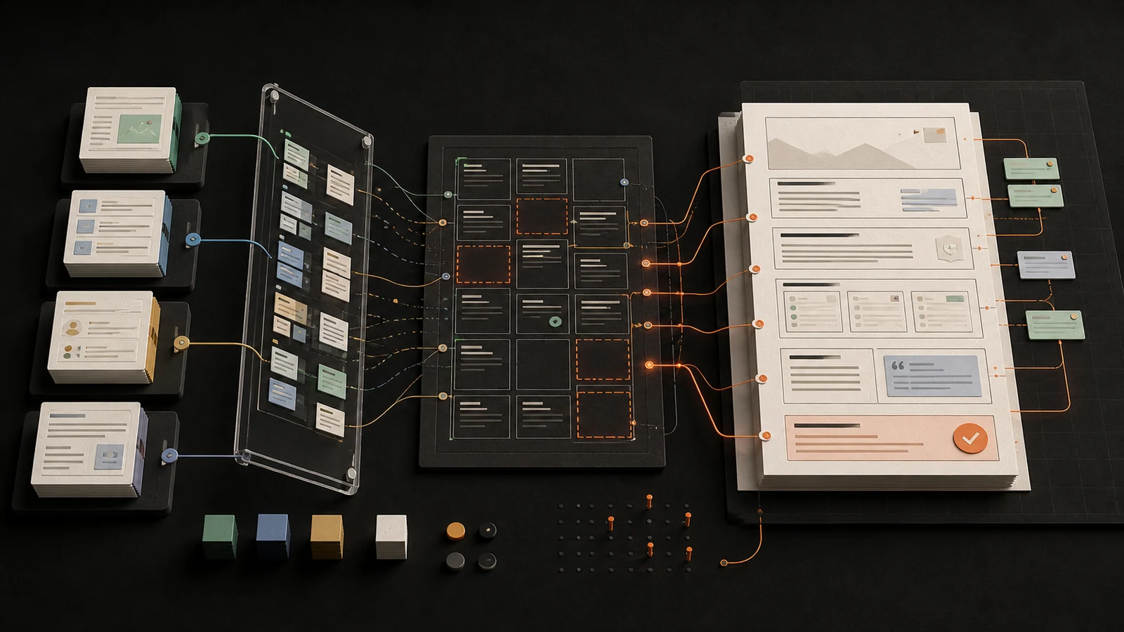 Research sources pass through an evidence filter and assemble into a structured content brief blueprint