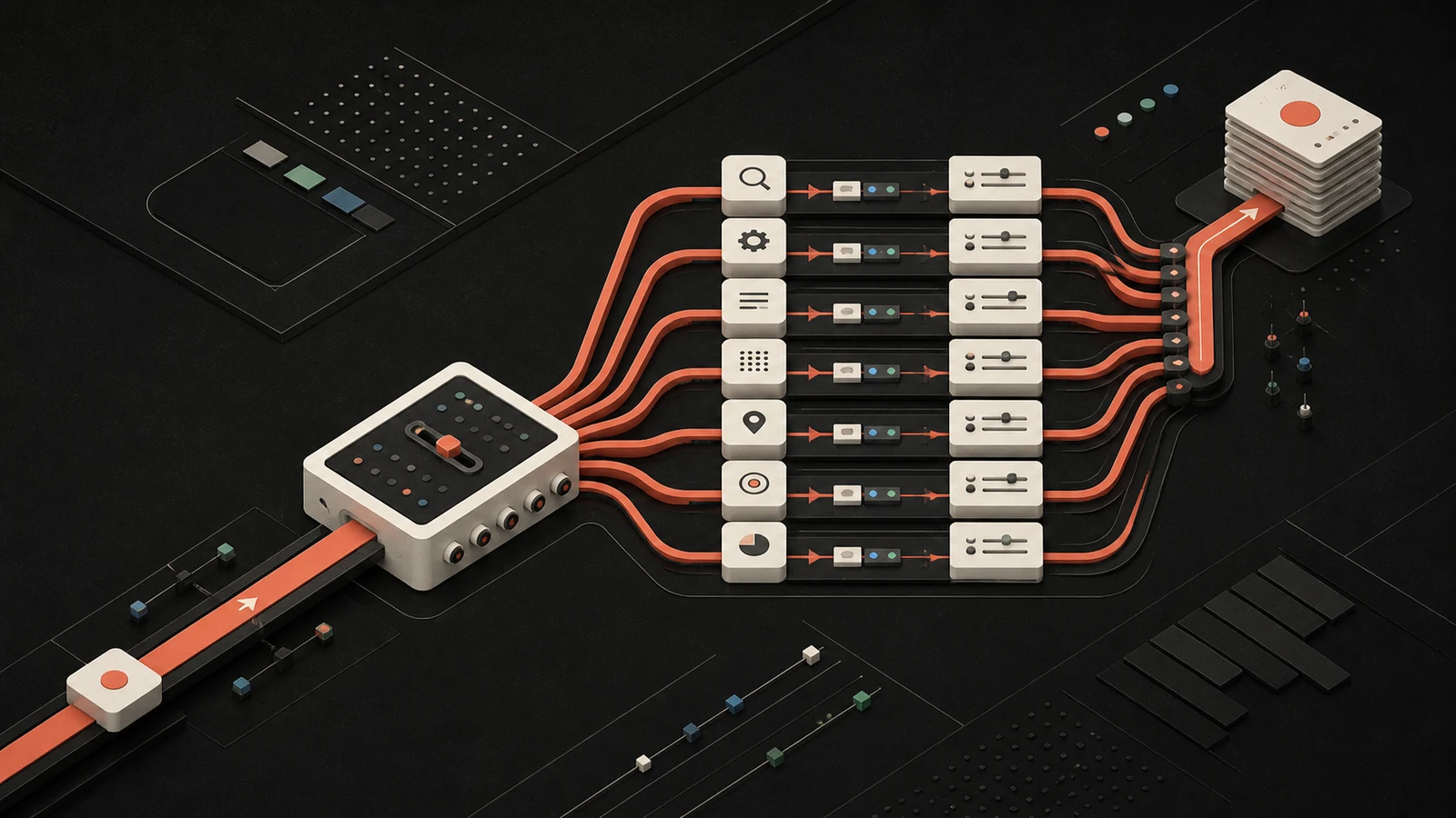 One command enters a routing console, branches through specialist lanes, and returns a prioritized action stack