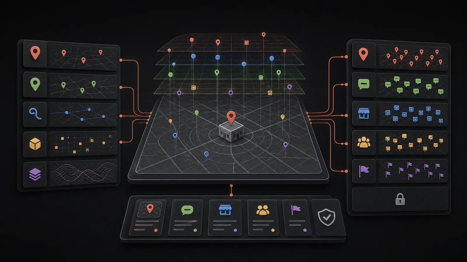 Public map data, paid provider layers, and human checks converge into a local presence review