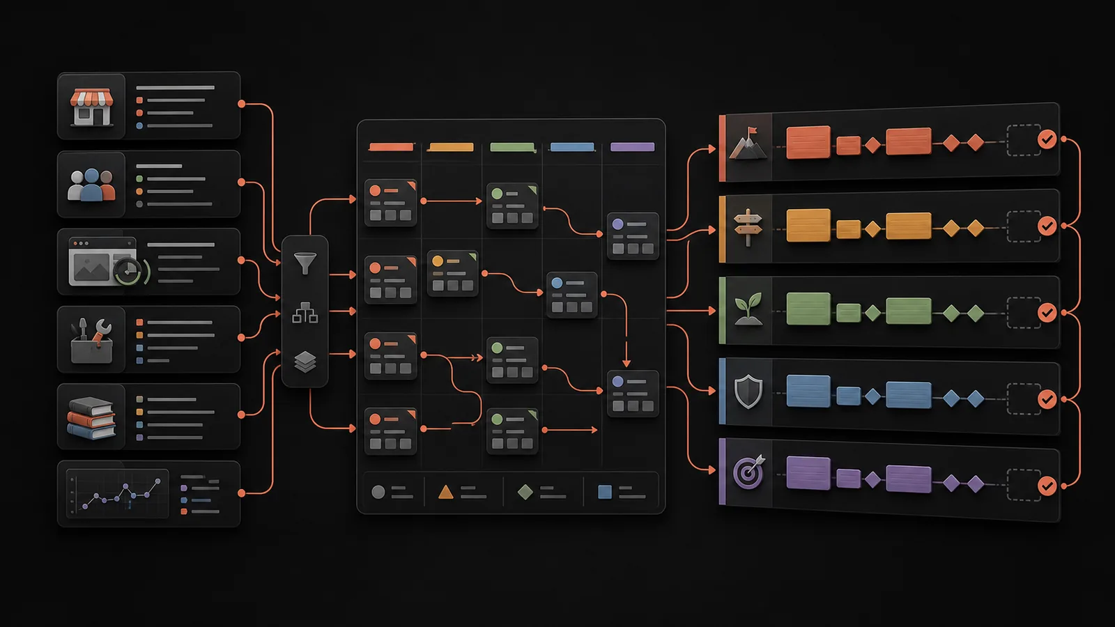 Business inputs flow into discovery, architecture, content, technical, and roadmap artifacts